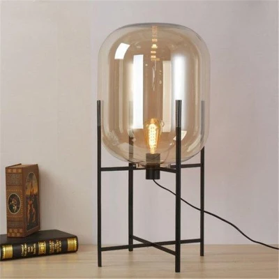 Afbeelding van Amber Glazen Tafellamp XL, Metaal, E27 Fitting, 34x74cm, Zwart