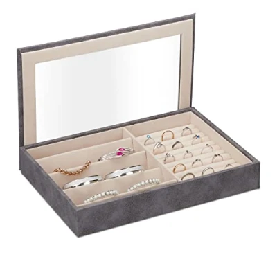 Afbeelding van Relaxdays sieradendoos juwelendoosje sieradenbox armbanden ringen lederlook grijs