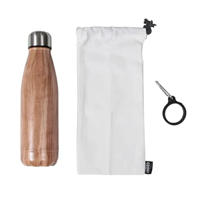 Afbeelding van Cook Concept KA4655 Coffret Bouteille Isotherme de Transport Inox Effet Bois avec Mousqueton et Pochon Beige Marron H26 x 8,5 18 cm