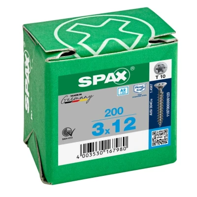 Afbeelding van Spax Spaanplaatschroef platverzonken kop RVS T Star T10 voldraad 3.0x12mm (per 200 stuks)