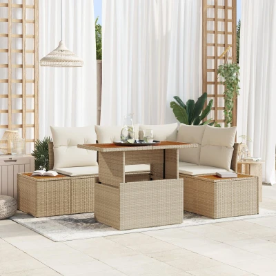 Afbeelding van vidaXL Tuin Sofa Set 5 delig Beige Rattan Hoek Rechthoekig