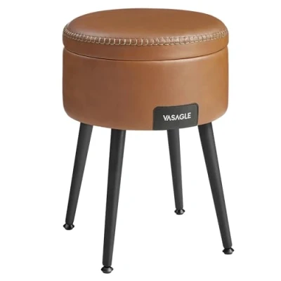 Afbeelding van VASAGLE EKHO Collectie Opbergkruk, kaptafelkruk, PU met stiksels, midden van de eeuw modern, ronde opbergkruk stalen poten, capaciteit 150 kg, karamelbruin LOM005K01