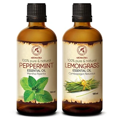 Afbeelding van set etherische oliën, 2 x 100ml, aromatherapie, met pepermuntolie en citroengrasolie, oliën voor aromadiffusers zeep, bescherming buiten citroengrasolie olie doe het zelf natuurlijke cosmetica