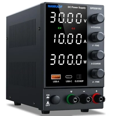 Afbeelding van Laboratoriumvoeding instelbaar 30 V 10 A, variabele DC voeding met USB A/Type C snellaadpoort, zeer nauwkeurige 4 LED display bank encoder regelaar