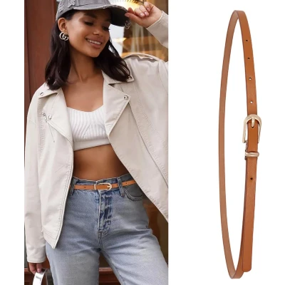 Afbeelding van Inovra Plus Skinny Leren Riem Vrouwen Stijlvol Accessoire voor Jurken Taille met Metalen Gesp Trendy Jeans en Broeken Kameel Kleur
