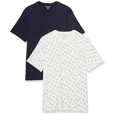Afbeelding van Amazon Essentials Heren Regular Fit T shirt met korte mouwen en ronde hals, 2 stuks, marineblauw/bootprint, XXL