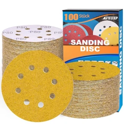 Afbeelding van ALPXUXP schuurschijven 125 mm 120stuks klittenband schuurpapier rond 8 gaten goudgeel schuurpads voor excentrische schuurmachine (met korrel P40/P60/P80/P120/P180/P240/P320/P400x15)