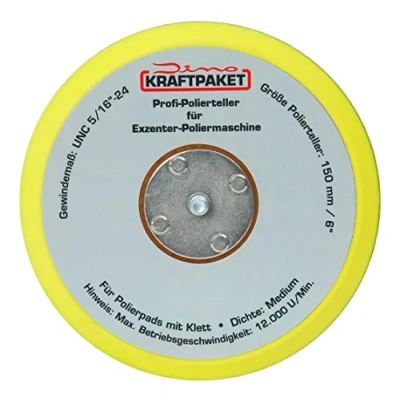 Afbeelding van Dino KRAFTPAKET 640223 150 mm steunschijf 5/16 24 met klittenband polijstschijf voor excentrische polijstmachine 600W 8mm, 650W 9mm hub, geel