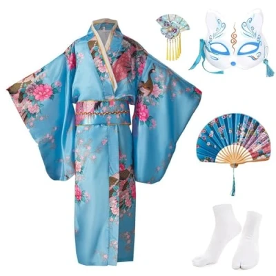 Afbeelding van KRUIHAN Yukata Kimono, vintage meisjeskimono, traditionele kleding, zijden stof, robe, bruiloftskleding, party, performance jurk, blauw, 130 cm