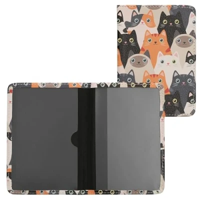 Afbeelding van kwmobile hoes voor kentekenbewijs en rijbewijs Omslag met pasjeshouder in oranje / zwart wit Imitatieleer Katten design