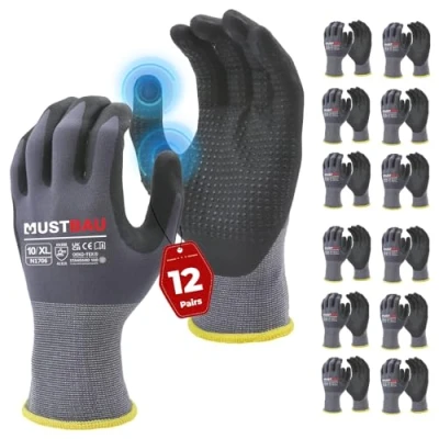 Afbeelding van Mustbau 12 paar touchscreen werkhandschoenen met zwarte parelpunten, nitril handschoenen, slijtvast, geventileerd, ideaal voor werk, tuinieren, mechanica, bouwplaats (grijs, XL)