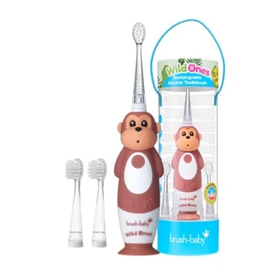 Afbeelding van Brush Baby Electrische Oplaadbare Kindertandenborstel WildOnes Mya de Aap 0 10 jaar 3 opzetborstels 2 poetsstanden Timer &amp; Pulse Disco licht Zuignapvoet