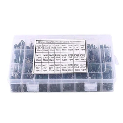 Afbeelding van 24 waarden 660 stuks. 100 V condensatorassortiment met opbergdoos, 0,22 nF 470 polyesterfilmcondensatorset