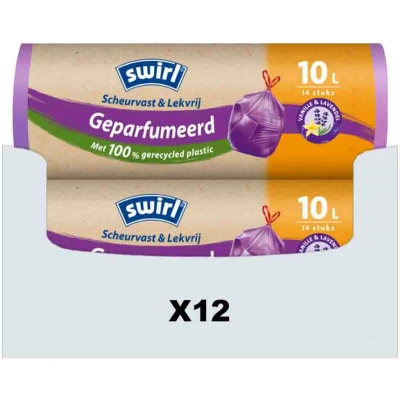 Afbeelding van 12x Swirl Pedaalemmerzakken Geparfumeerd Vanille&amp;Lavendel met Trekband 10 liter 14 stuks