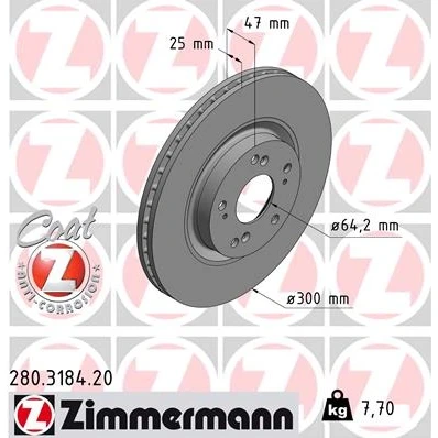 Afbeelding van ZIMMERMANN Remschijf HONDA: CIVIC 8 Hatchback, 8, CR V 2 COAT Z 300mm 25mm 9/5 5 gat 114mm interne ventilatie Gecoat 280.3184.20 45251S9AE50