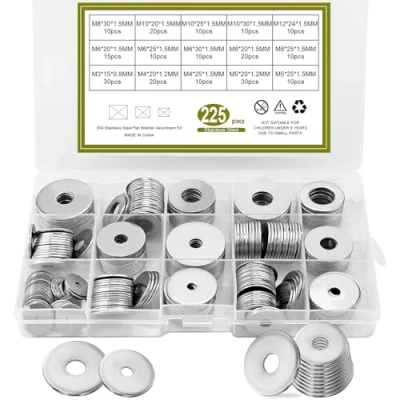 Afbeelding van 225 stuks platte sluitringen, 304 roestvrij staal, plat, borgringen, assortimentset, metalen schijven, moeren, 15 maten M3/M4/M5/M6/M8/M10/M12/metalen moeren (zilver)