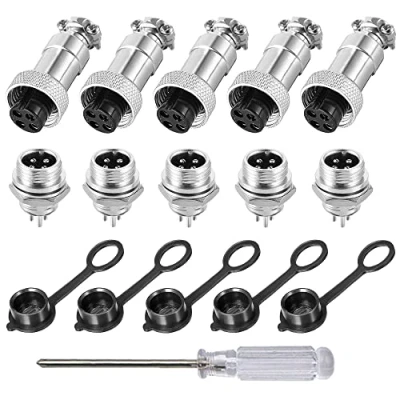 Afbeelding van Aiqeer 5 stuks 4 polige GX12 Aviation stekker, 12 mm schroefdraad metalen luchtvaartkabelconnector, A mannelijk vrouwelijke luchtvaartstekker stopcontact kit, met rubberen dop
