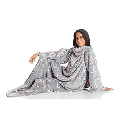 Afbeelding van KANGURU 1310 Deluxe zachte en gezellige fleece draagbare deken met mouwen een buidelzak Glow in the Dark vlinders, kleur grijs, volwassenen maat 140 x 180 cm