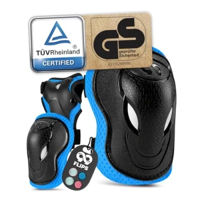 Afbeelding van 99FLIPS Kniebeschermers voor kinderen, set van 6 stuks, inline skates en skateboard, inclusief elleboogbeschermers, polsbeschermers kniebeschermers, beschermers in blauw, maat XS