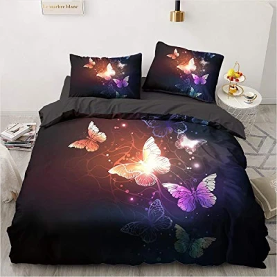 Afbeelding van Luowei Kleurrijke vlinder beddengoed, 220 x 240 cm, zwart, dekbedovertrekset, vlinderpatroon, microvezel, omkeerbaar beddengoed met ritssluiting en 2 kussenslopen, 80 cm