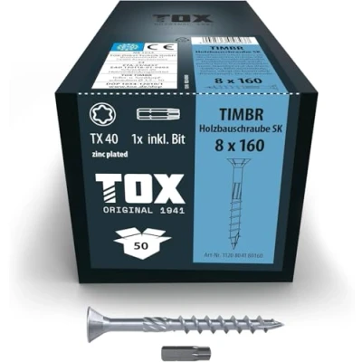 Afbeelding van TOX Houtbouwschroeven TIMBR SK 8,0 x 160 mm, blauw verzinkt met verzonken kop, TX40, schroeven voor gemakkelijk indraaien en vlakke montage in houtbouw, 50 stuks doos, incl. 1x bit, 1120404180160