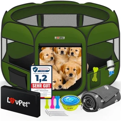 Afbeelding van Lovpet® Hondenren Puppystal, dierenomheining, opvouwbaar, voor kleine dieren, honden katten, incl. drinkbak hondenuitloop buitenomheining in Oxford stof pop up systeem binnen/buiten (Kaki)
