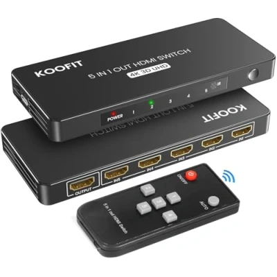 Afbeelding van HDMI Switch 5 in 1 uit, KOOFIT Schakelaar 4K@60Hz met Afstandsbediening, Switcher Auto Ondersteunt 4K 3D UHD, Splitter voor PS5, PS4, PS3, DVD, Blu ray, Xbox, Roku, PC, TV