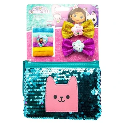 Afbeelding van Joytoy Gabby&#039;s Dollhouse Accessoireset met 6 vlechthouders, 2 haarspelden glittermasje en magische pailletten beautytasje op bakkaart, 15 x 24 cm
