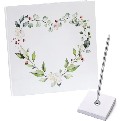 Afbeelding van Gastenboek/receptieboek met luxe pen in houder Bruiloft zilver/wit 24 x cm Gastenboeken