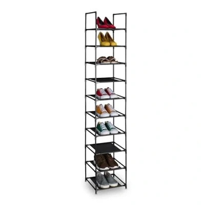 Afbeelding van Relaxdays schoenenrek, 10 etages, HBD 175x33x33 cm, smal schoenen opbergrek, metalen frame, stoffen planken, zwart/grijs