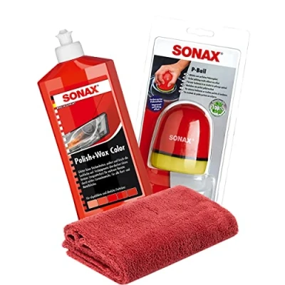 Afbeelding van DetailMate SONAX Handpolijstbundel: Polish+Wax Color Rood 500 ml + P Ball Ergonomische Polijstbal Edgeless Microvezel Polijstdoek 550GSM