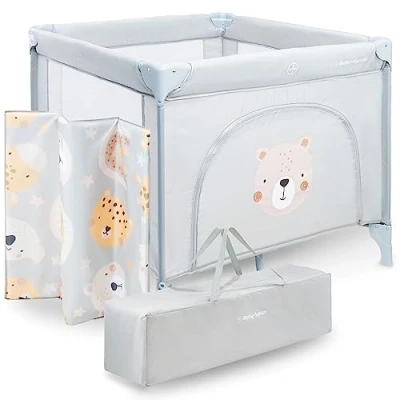Afbeelding van Moby System Kinderbox met Matras en Draagtas, Grote, Opvouwbare, Vergrendelbare Wielen, Stevig Frame, Antislipkussentjes, 97 x 100 77 cm, Teddybeer