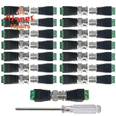 Afbeelding van Aiqeer 15 paar BNC Video Balun Connector, mannelijke vrouwelijke connector adapter, stekker en schroeven aansluitblok kit (groen)
