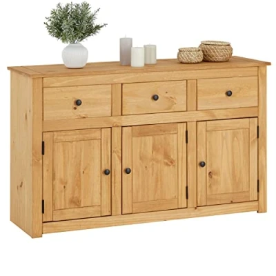 Afbeelding van CARO Möbel Commode Cancun in landhuisstijl, dressoir met 3 deuren en laden, modern van massief grenen gebeitst gewaxt oppervlak