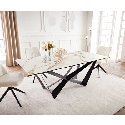 Afbeelding van Eetkamertafel Edge keramiek Calacatta Luxe wit goud grijs 200x100 spider vlak staal zwart