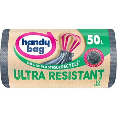 Afbeelding van Handy Bag Vuilniszakken met schuifhandgrepen, zeer robuust en lekvrije bodem, 100% gerecycled kunststof, 1 rol 10 vuilniszakken, 50 l
