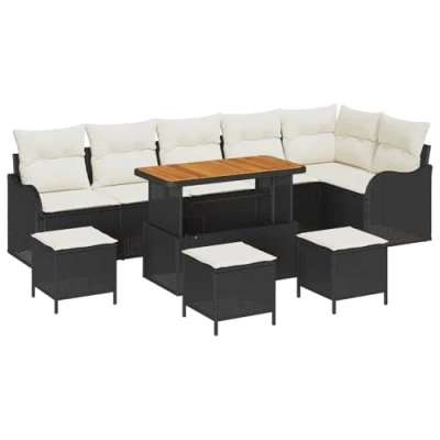 Afbeelding van vidaXL 10 delige Tuin Sofa Set met Kussens Zwart Poly Rattan Acacia