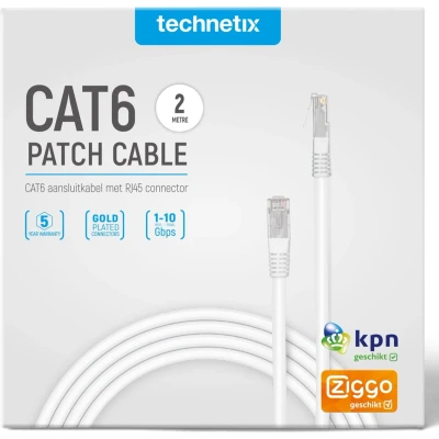 Afbeelding van 2 Mtr Technetix Cat6 netwerkkabel Wit KPN Ziggo geschikt