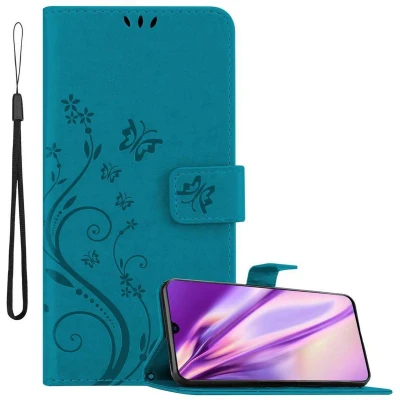 Afbeelding van Cadorabo Hoesje geschikt voor Samsung Galaxy A70 / A70s in BLOEMEN BLAUW Beschermhoes bloemmotief met magnetische sluiting, standfunctie en kaartsleuven Book Case Cover Etui