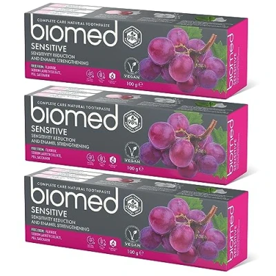 Afbeelding van Biomed Sensitive 98% natuurlijke tandpasta/gevoeligheid &amp; tandglazuur versterking/rode druivenpit Extract, Vegan, SLES vrij 100 g (pak van drie)