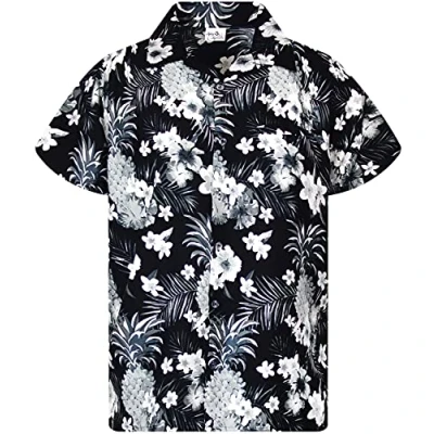 Afbeelding van King Kameha Hawaiihemd, voor heren, korte mouwen, borstzakje, Hawaii print met ananas en hibiscusmotief, Pineapple Flowers Monogrijs, XXL