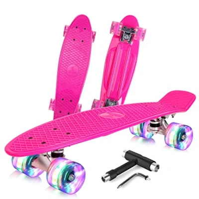 Afbeelding van BELEEV Skateboard Compleet 22 x 6 inch Mini Cruiser voor Kinderen Tieners Beginners, PU LED Oplichtende Wielen met Skate T Tool (Roze)