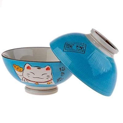 Afbeelding van lachineuse 2 soep of ramenkommen Maneki Neko Design Blauwe kleur Multifunctionele kommen Porselein Japanse decoratie Cadeau idee Japan Azië