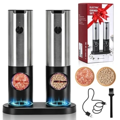 Afbeelding van Podazz Electric Pepper Grinder Mills Set of 2, USB Rechargeable Salt and with Charging Base Adjustable Coarseness Ceramic Grinder, One Hand Operation LED LightF