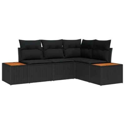 Afbeelding van vidaXL 4 delige tuinset met kussens zwart poly rattan en acaciahout