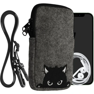 Afbeelding van kwmobile Tasje voor smartphones L 6,5&quot; Hoesje van vilt in grijs / zwart Phone case met nekkoord design