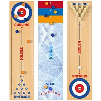Afbeelding van KETIEE Curlingspel voor het hele gezin, 47 inch, 3 in 1 tafelsjoelborden, tafelbladkrulspel, tafelblad, curling, bowling, shuffleboard bordspellen, kinderen en volwassenen binnen, reizen (120 x 30 cm)