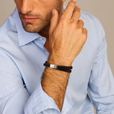 Afbeelding van Armband leder zilver zwart zilverkleurig 7 mm