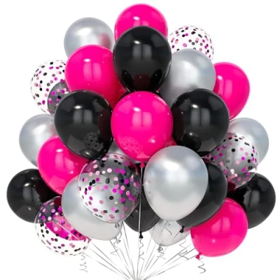 Afbeelding van Teselife roze zwarte ballonnen, 30 stuks cm felroze zilver rose rood zwart confetti ballon vrouwen meisjes thema verjaardag bruiloft verloving bruids douche muis
