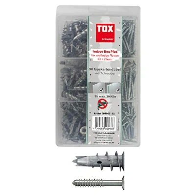 Afbeelding van TOX Indoor Box assortiment gipsplaatpluggen Spiral Plus 37 4 + schroef, pluglengte 32 mm, pluggenassortiment voor één en tweelaagse gipsplaten gipsvezelplaten, 180 delig, 094901113, grijs